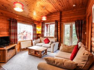 a living room with a couch and a tv at Rowan Lodge in Strathpeffer