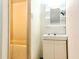 a bathroom with a sink and a mirror and a tub at Court Saiwaicho in Osaka