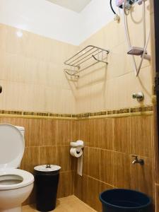 - une salle de bains pourvue de toilettes et d'une poubelle dans l'établissement JPrime Apartelle, à Tuguegarao