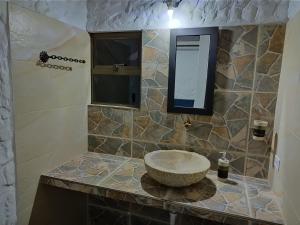 ein Badezimmer mit einem Steinwaschbecken und einem Spiegel in der Unterkunft Cabaña El Encanto De ALU in Paipa