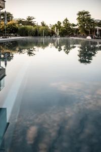 einen Pool mit Bäumen im Hintergrund in der Unterkunft ALPIANA - green luxury Dolce Vita Hotel in Völlan