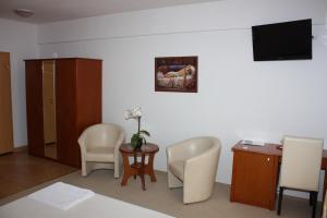 ein Zimmer mit Stühlen, einem Tisch und einem Fernseher in der Unterkunft Hotel vila veneto in Timişoara