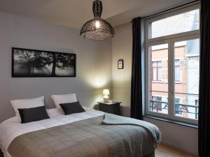 une chambre avec un lit et une grande fenêtre dans l'établissement La Petite Histoire gîtes-appartements, à Ath