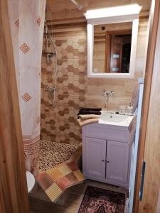 a bathroom with a sink and a shower at Privát Zvonček in Terchová