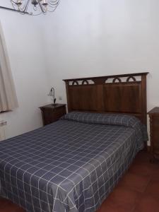a bedroom with a bed with a blue checked bedspread at Casa Rural Rio Canto in El Hornillo