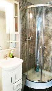 uma casa de banho com um chuveiro e um lavatório. em LOFT 2 DORMITORIOS em Madri