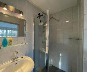 a bathroom with a shower and a sink and a mirror at Vakantiehuis Zonlicht in Zoutelande +51 photos