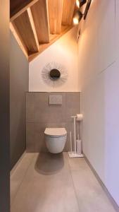 ein Bad mit einem WC und einem Wandspiegel in der Unterkunft H-85 SUITES LEVEL 5/10 in Koblenz