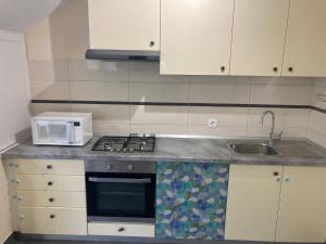 a kitchen with a microwave and a stove and a sink at Relax and Explore, Alva Apartment in Solin