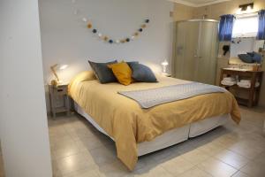 a bedroom with a large bed with yellow and blue pillows at Studio Toro in El Chalten