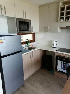 a kitchen with a white refrigerator and a sink at Eluchans Plaza 2 in Viña del Mar