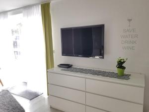 einen Fernseher auf einer Kommode im Wohnzimmer in der Unterkunft Gästezimmer-Apartment Heidi Hönl in Buergstadt