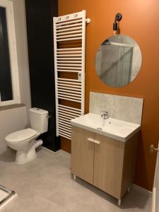 ein Badezimmer mit einem WC, einem Waschbecken und einem Spiegel in der Unterkunft Un Toit Pour Vous in Les Épesses
