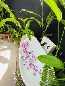 a toilet with purple flowers on it sitting next to plants at Casa Almea Sisal in Sisal