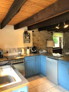 Una cocina con gabinetes azules y un fregadero. en Le Cosy - Domaine du Vertendre, en Saint-Yrieix-la-Perche