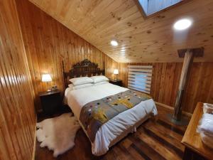 Río NegroにあるHOTEL BOUTIQUE HACIENDA JUAREZの大きなベッドと木製の壁が備わるベッドルーム1室が備わります。