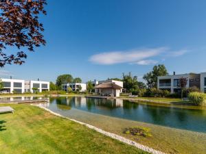 einem Wasserkörper mit Gebäuden im Hintergrund in der Unterkunft Heritage Apartment in Lutzmannsburg with Swimming Pond in Zsira
