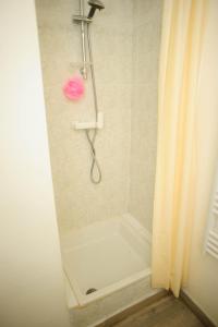a bathroom with a shower with a pink towel on a shower curtain at Une bulle de quiétude proche de Paris et Créteil in Bonneuil-sur-Marne +5 photos