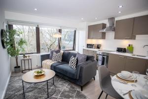 ein Wohnzimmer mit einem Sofa und einer Küche in der Unterkunft Pembroke House Apartments Exeter For Families Business Relocation Free Parking in Exeter