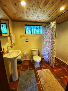 a bathroom with a sink and a toilet and a shower at Casita Agrreste in Nemocón