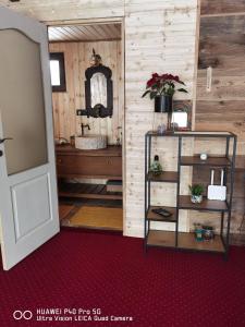 a room with a door and a shelf in a room at Cabanuta din munti in Moieciu de Jos