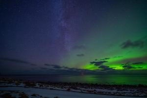 a starry night with the green lights in the sky at Feriehus med flott havutsikt ved Hauklandstranden in Leknes