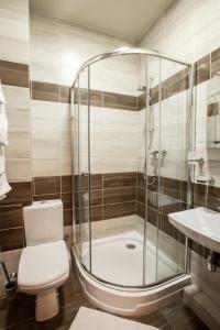 a bathroom with a shower and a toilet and a sink at Altair Hotel in Bukovel