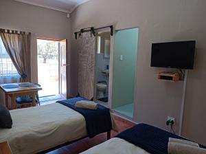 a bedroom with two beds and a large mirror at Kleine Nessie in Worcester