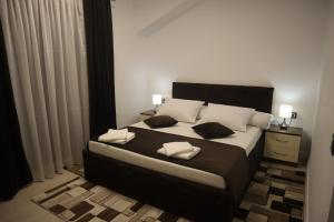 1 dormitorio con 1 cama con 2 almohadas en Pensiunea GOLD Wellness&Spa en Chişcău