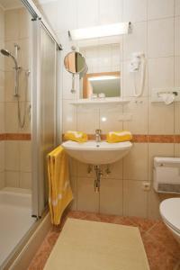 a bathroom with a sink and a shower at Landhaus Lassnig in Moosburg