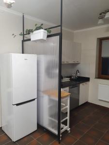 a kitchen with a white refrigerator and a table at Пансіон АГАВА in Novovolynsʼk +17 photos