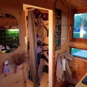 a bathroom with a shower in a log cabin at Zirbenholz Tiny House "Waldhauszeit" am See in Mücke