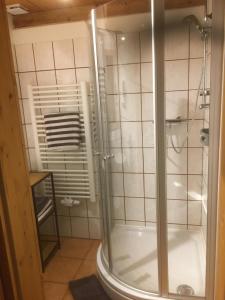 a shower with a glass door in a bathroom at Webergütl - Chiemgau Karte in Inzell +24 photos