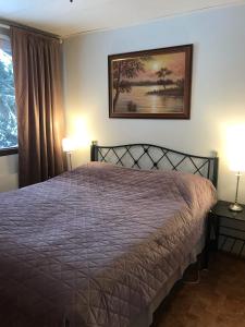 a bedroom with a bed and two lamps and a window at Villa Campari in Imatra