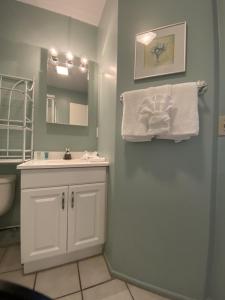 a bathroom with a white sink and a mirror at Banana Cabana by Beachside Management in Siesta Key