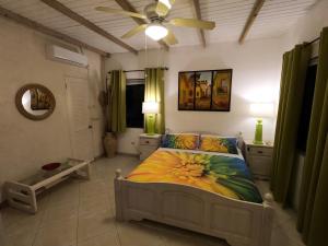 a bedroom with a bed and a ceiling fan at Yellow Bird Apartment in Christ Church +53 photos