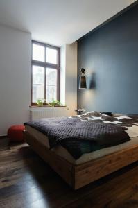 Un dormitorio con una cama grande y una ventana en Apartament ST1, en Cieszyn
