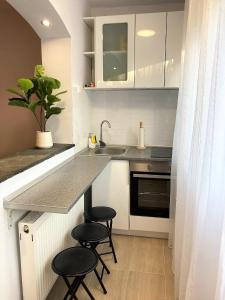 cocina con encimera con taburetes y fregadero en Lovely apartment in a quiet area en Cluj-Napoca