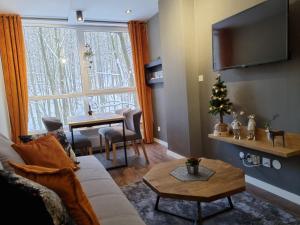 - un salon avec un canapé et une table avec un arbre de Noël dans l'établissement Apartament 10 Resort Kozubnik Kiczora SPA - 5D Apartments, à Porąbka