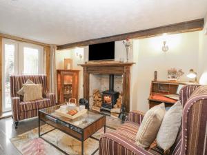 sala de estar con chimenea y TV en Palm Tree Cottage, en Great Yarmouth