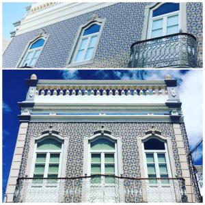 duas fotografias de um edifício com janelas e uma varanda em Casa Cubista em Olhão