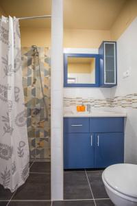 La salle de bains est pourvue d'armoires bleues et d'une douche. dans l'établissement Apartment Josip, à Matulji
