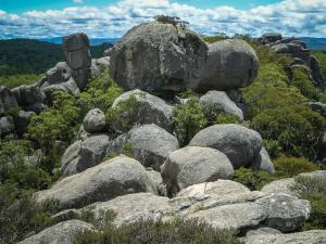 a pile of rocks on top of a mountain at Little Styx River Cabin - The Hilton in Ebor
