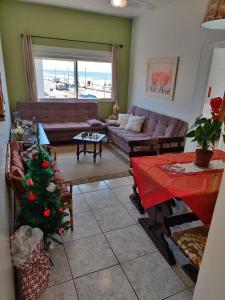 ein Wohnzimmer mit einem Weihnachtsbaum darin in der Unterkunft Incrível Sacada à Beira Mar APTO 3Q in Tramandaí