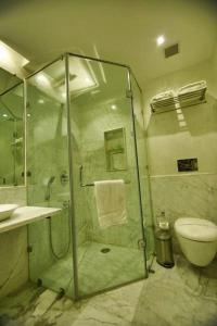 a bathroom with a shower and a toilet at Hotel JRD Exotica in New Delhi