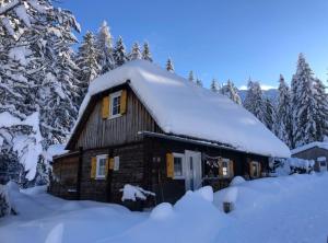 domek z bali i śniegiem na dachu w obiekcie Almhütte w mieście Ferlach