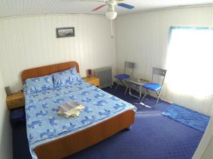 1 dormitorio con 1 cama, mesa y sillas en Delta Pontoon en Mahmudia