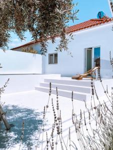 uma casa branca com escadas e uma janela em Casa do Povo (casa com piscina no centro de Alcácer) em Alcácer do Sal