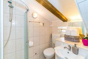 ein Bad mit einer Dusche, einem WC und einem Waschbecken in der Unterkunft Holiday Home Kazerma in Dubrovnik