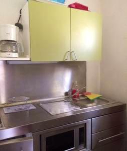 une cuisine avec un évier et un plan de travail dans l'établissement Studio cosy avec vue sur la montagne - Les Belleville - 20 m², aux Menuires